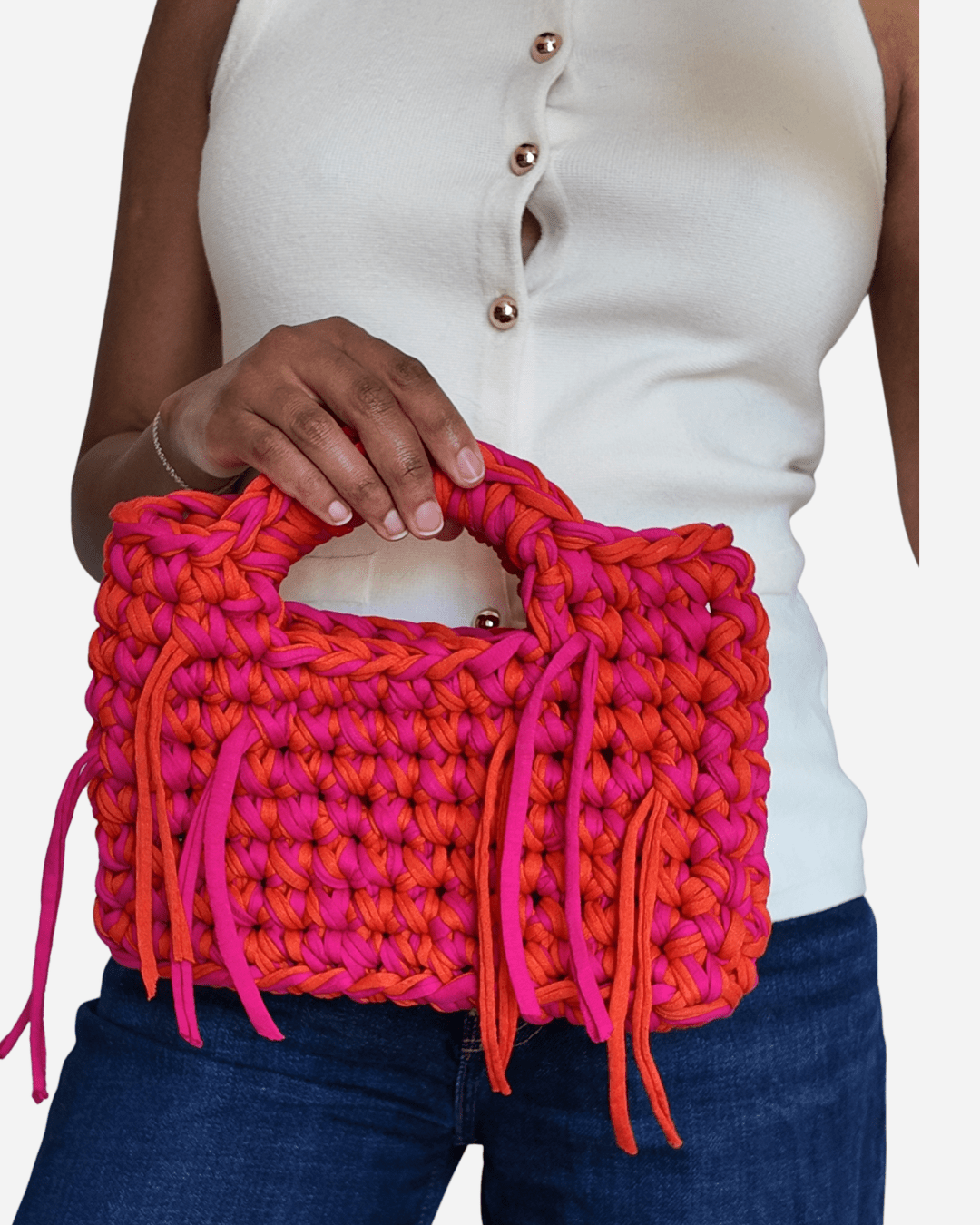Handgemachte Häkeltasche mit Fransen - Gigi Bag „Fuchsia/Orange“ 🍊 - YUYA Studios