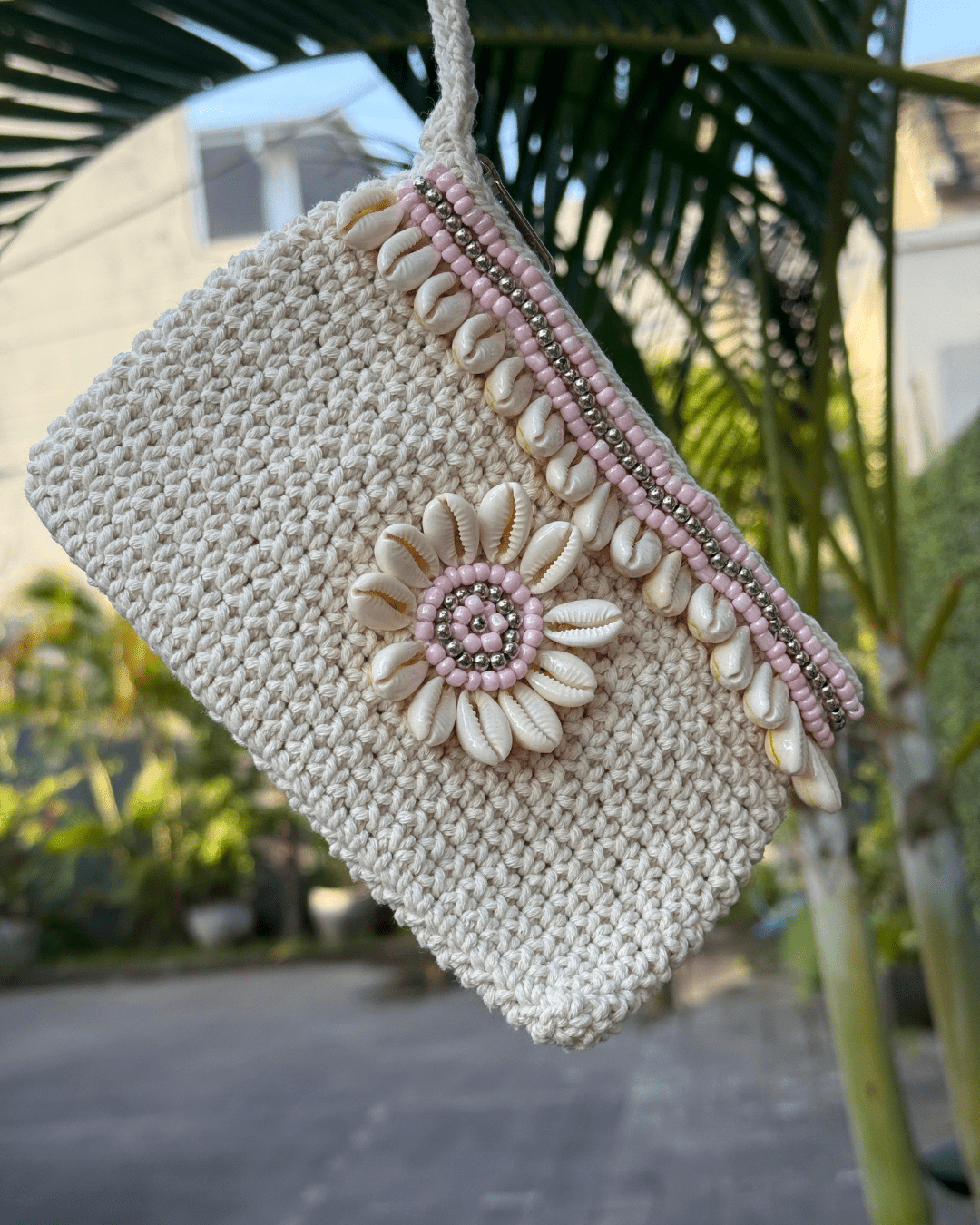 Gehäkelte Bali Tasche mit Muscheln - Rosa - YUYA Studios