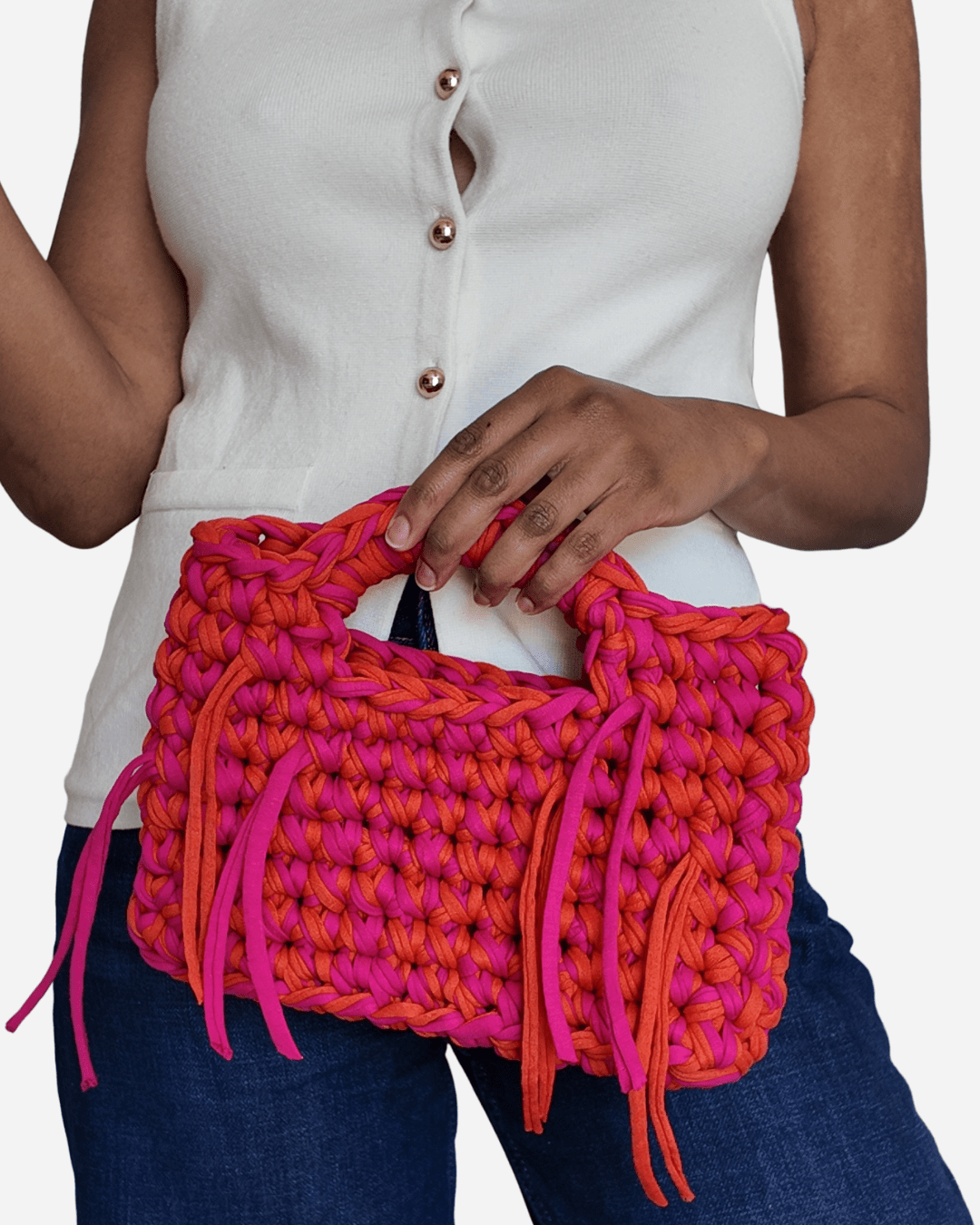 Handgemachte Häkeltasche mit Fransen - Gigi Bag „Fuchsia/Orange“ 🍊 - YUYA Studios